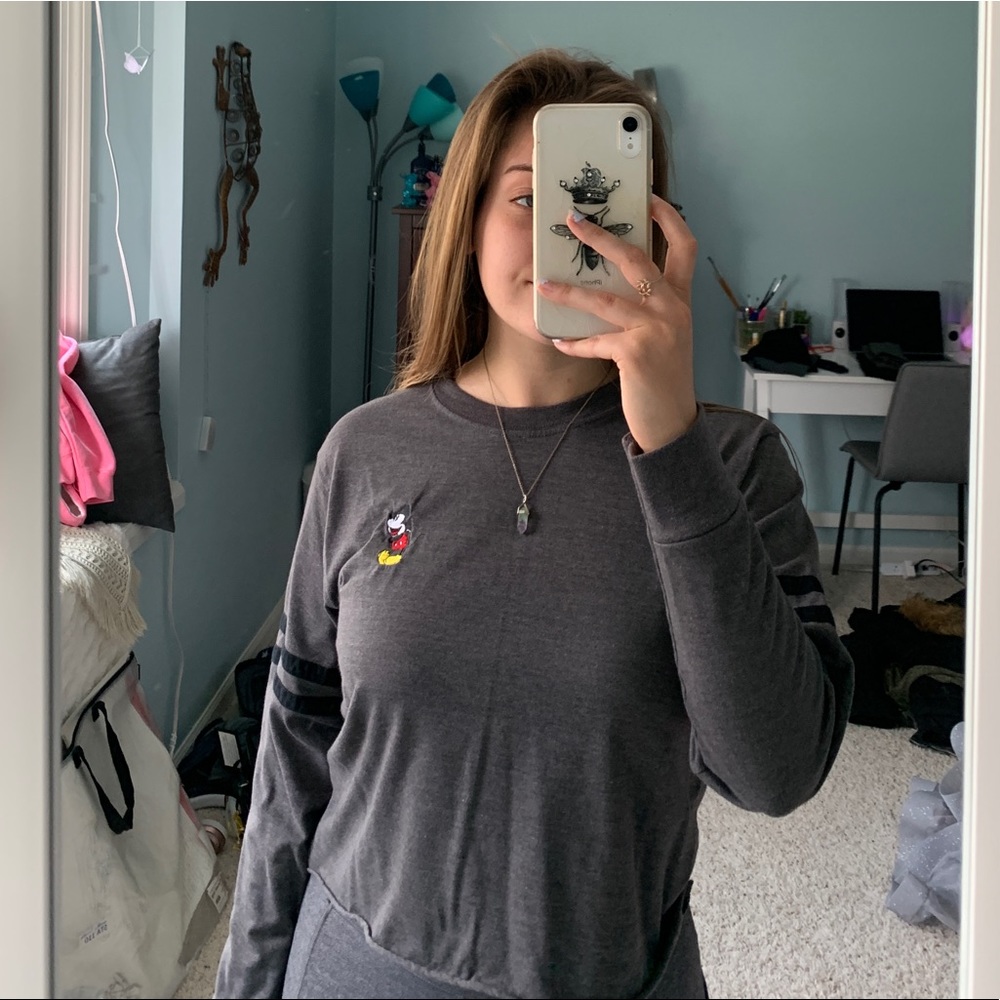 Grey Mickey Mouse Long Sleeve with varsity stripe